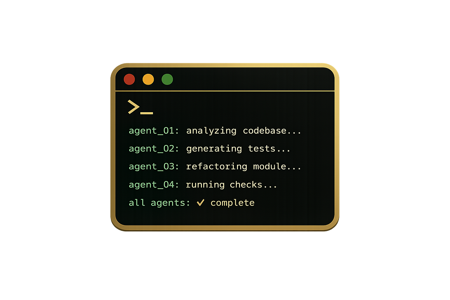 Terminal showing four parallel Claude agents — analyzing codebase, generating tests, refactoring a module, running checks — all complete